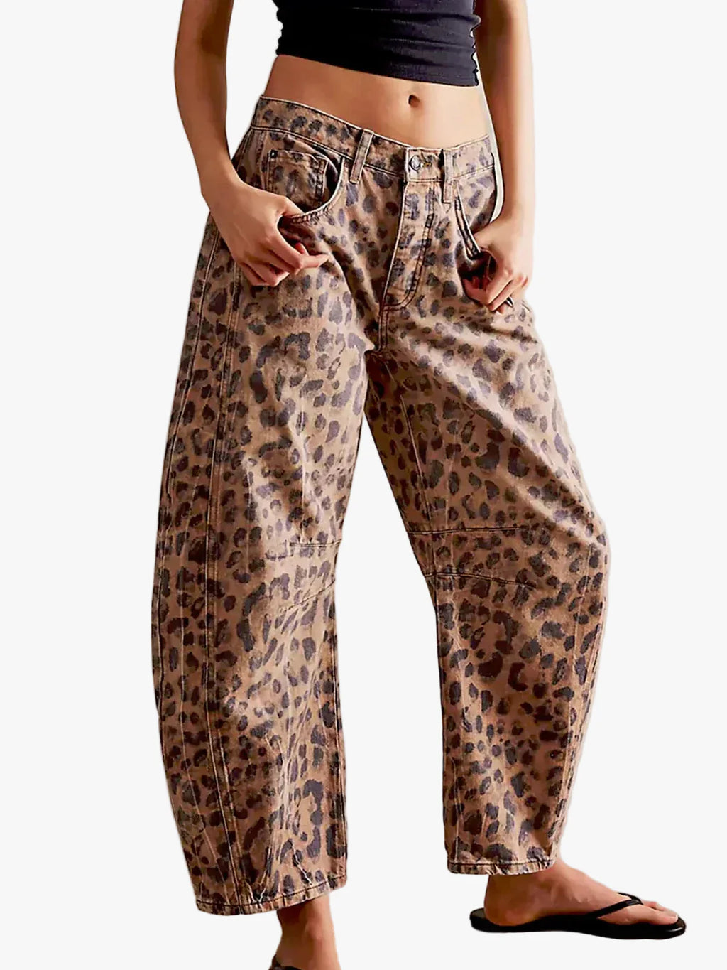 Women's Denim Jeans with Allover Animal Print and Barrel Legs