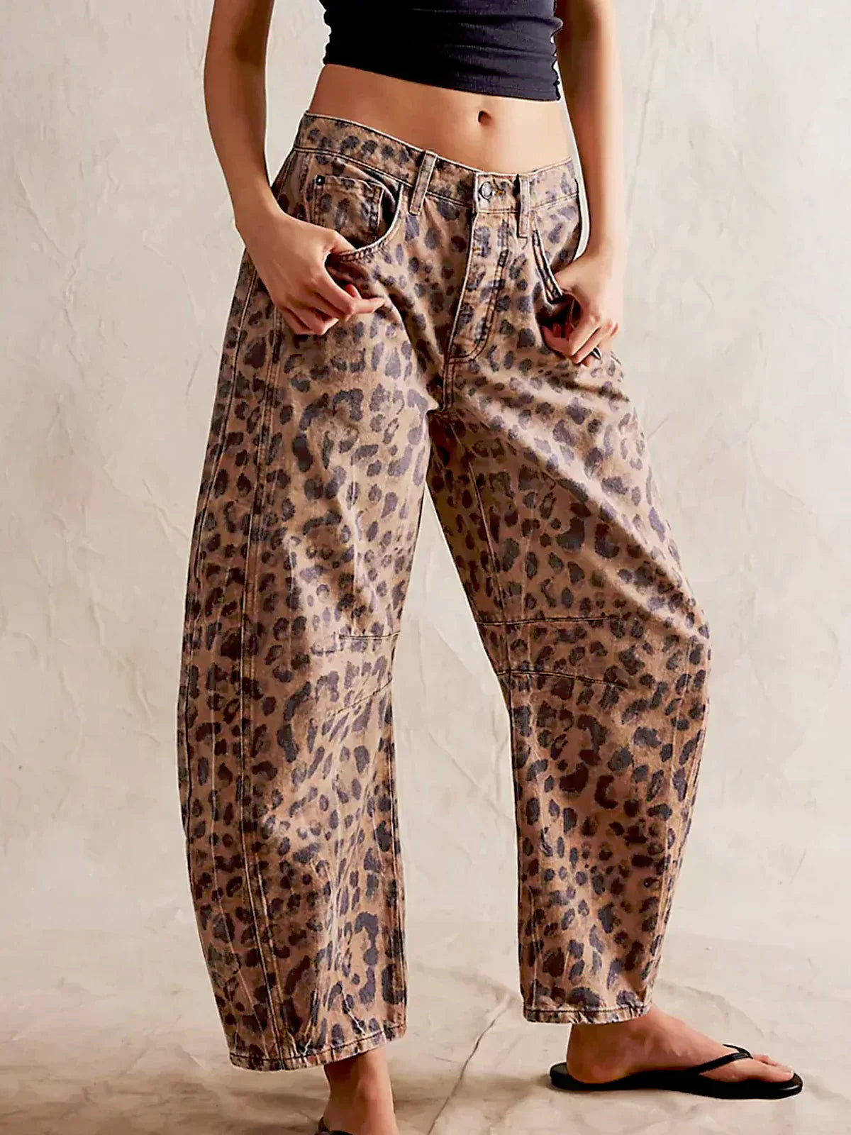 Women's Denim Jeans with Allover Animal Print and Barrel Legs