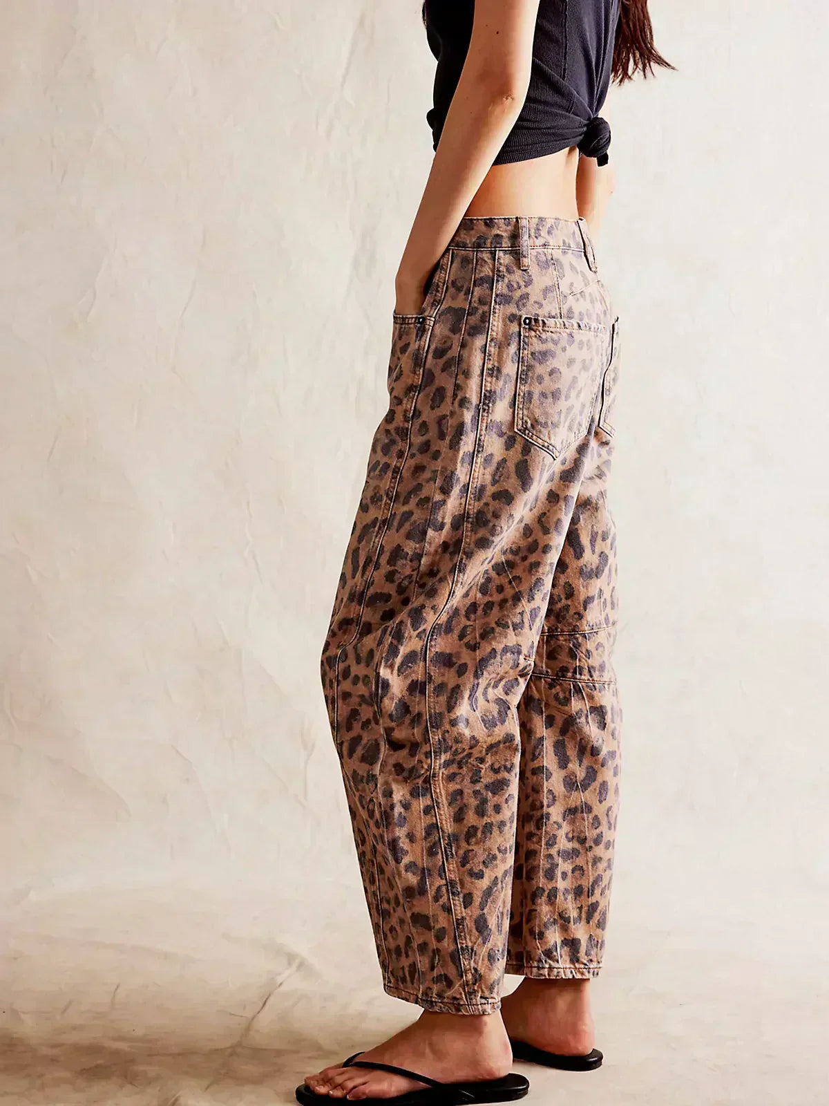 Women's Denim Jeans with Allover Animal Print and Barrel Legs