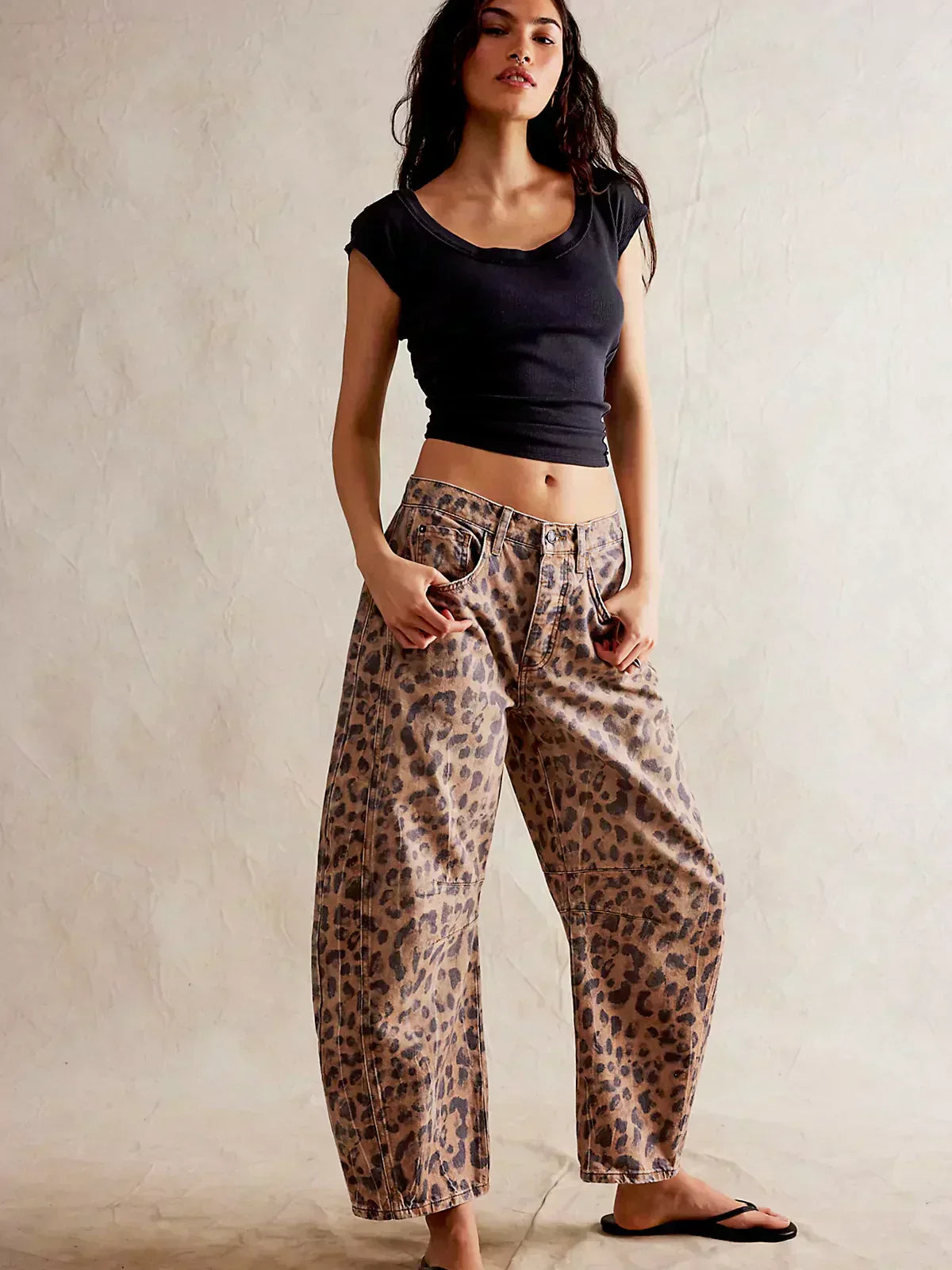 Women's Denim Jeans with Allover Animal Print and Barrel Legs