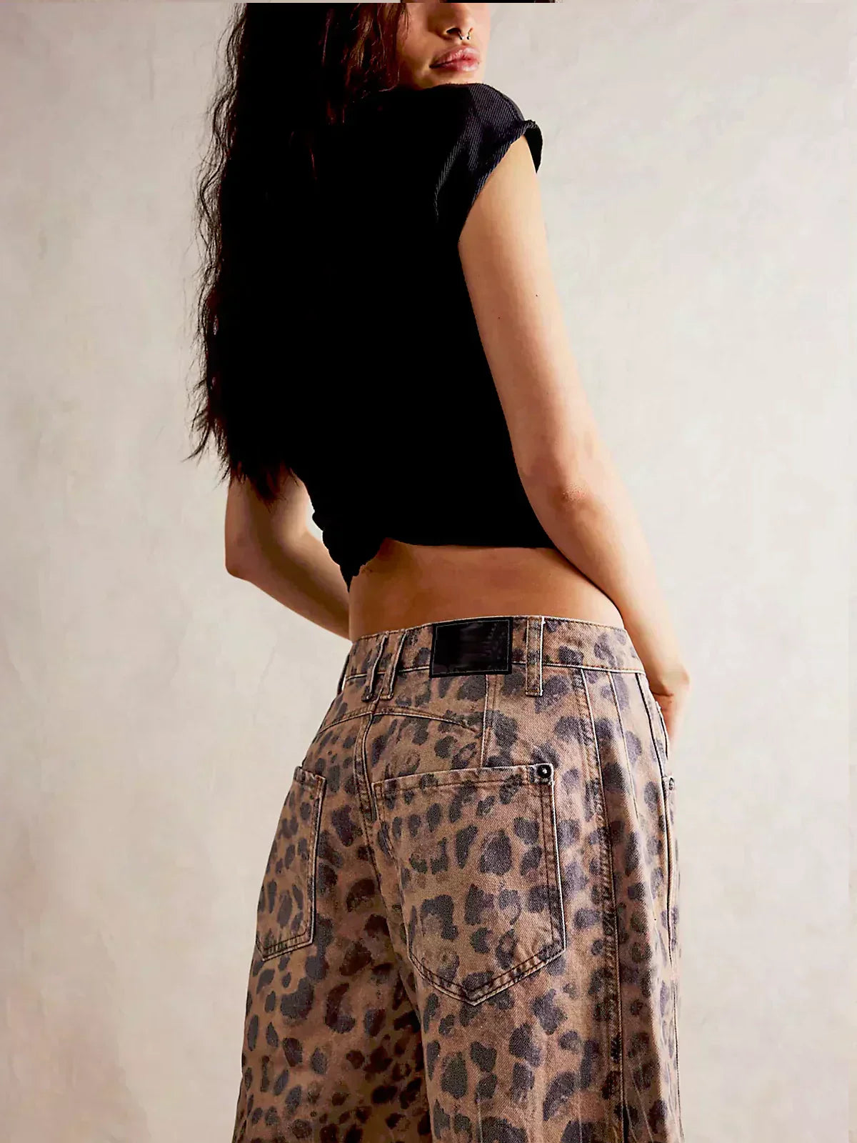 Women's Denim Jeans with Allover Animal Print and Barrel Legs