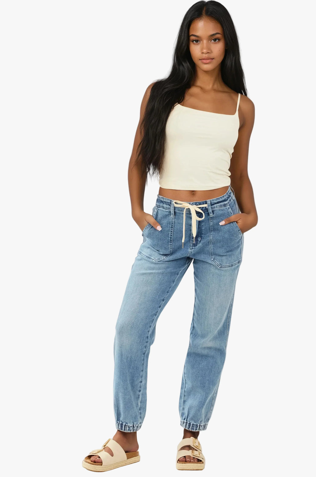 Women's Denim Jeans with Drawstring Waist and Elastic Cuffs