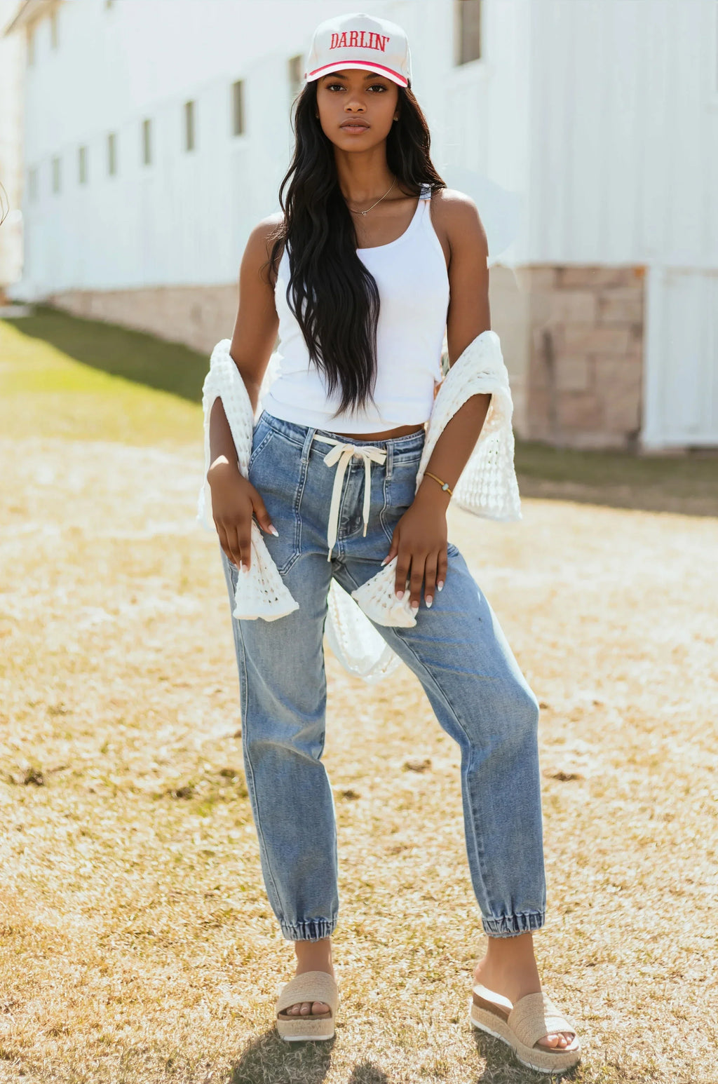 Women's Denim Jeans with Drawstring Waist and Elastic Cuffs
