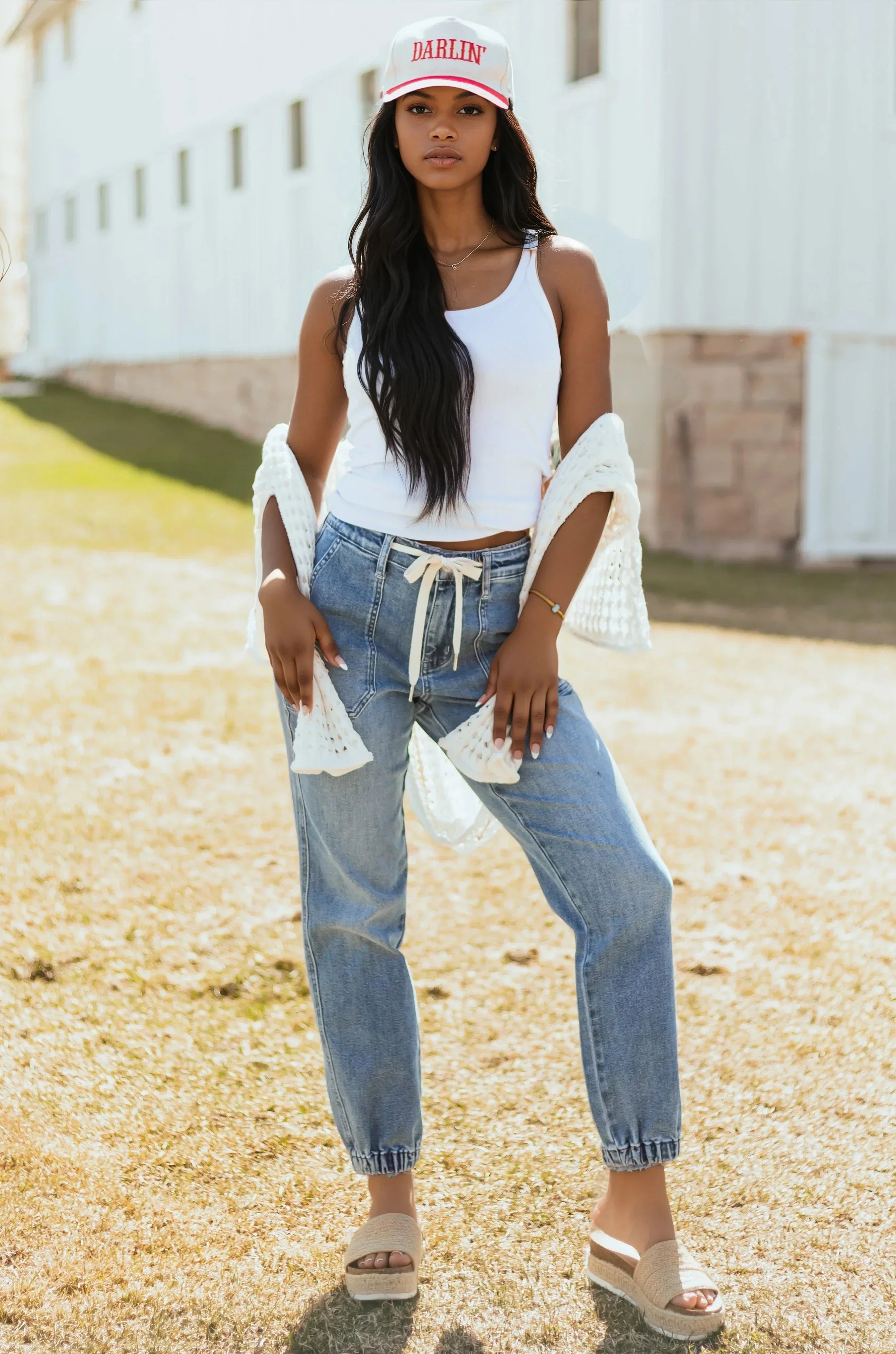Women's Denim Jeans with Drawstring Waist and Elastic Cuffs