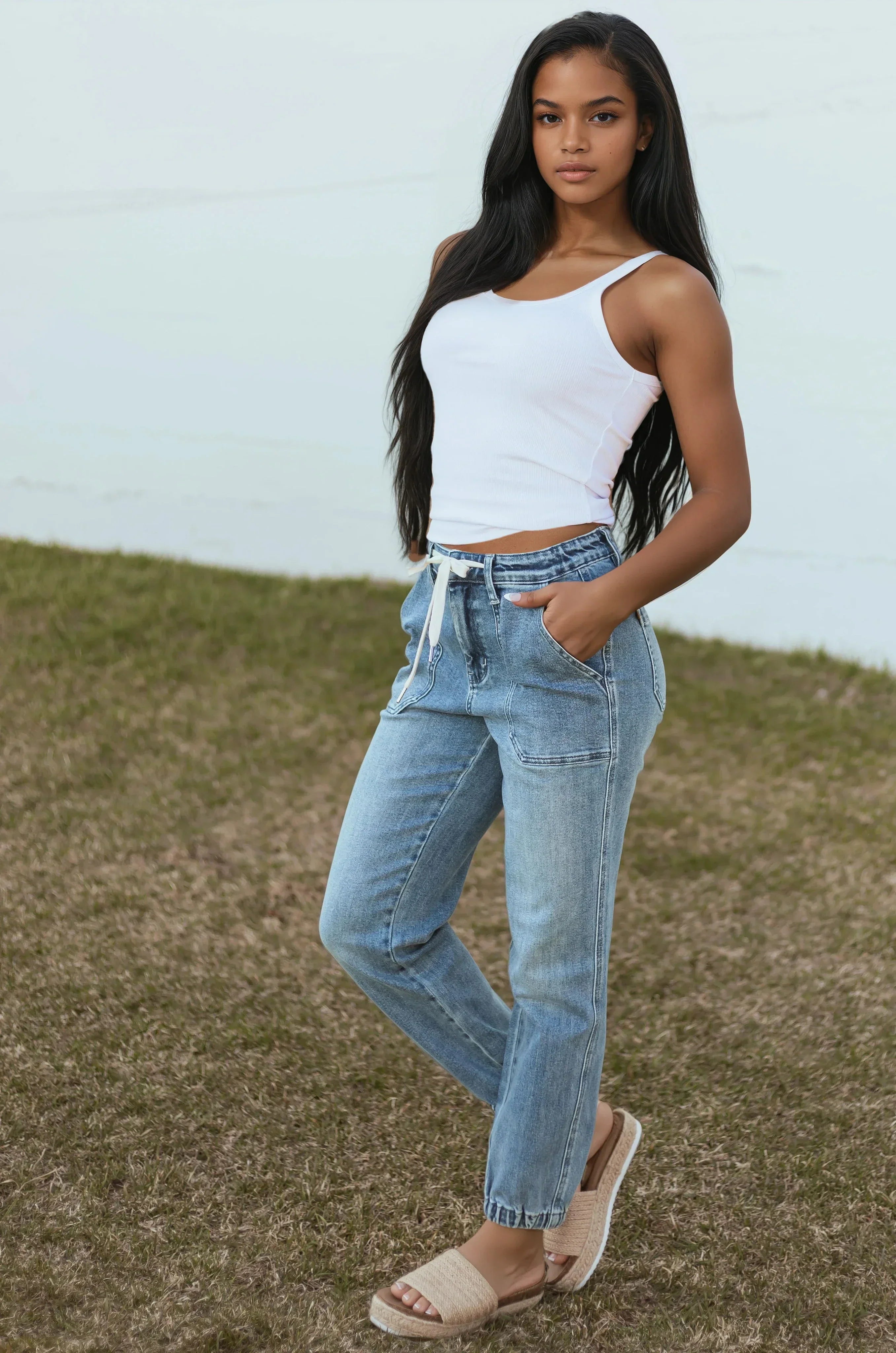 Women's Denim Jeans with Drawstring Waist and Elastic Cuffs