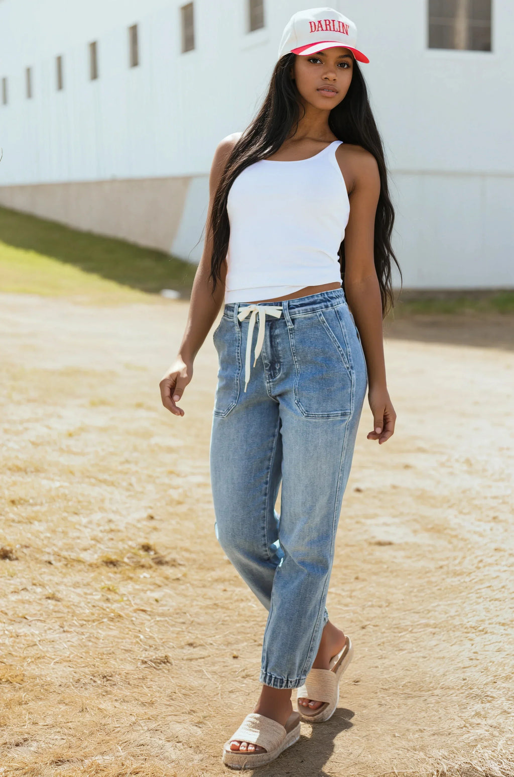 Women's Denim Jeans with Drawstring Waist and Elastic Cuffs