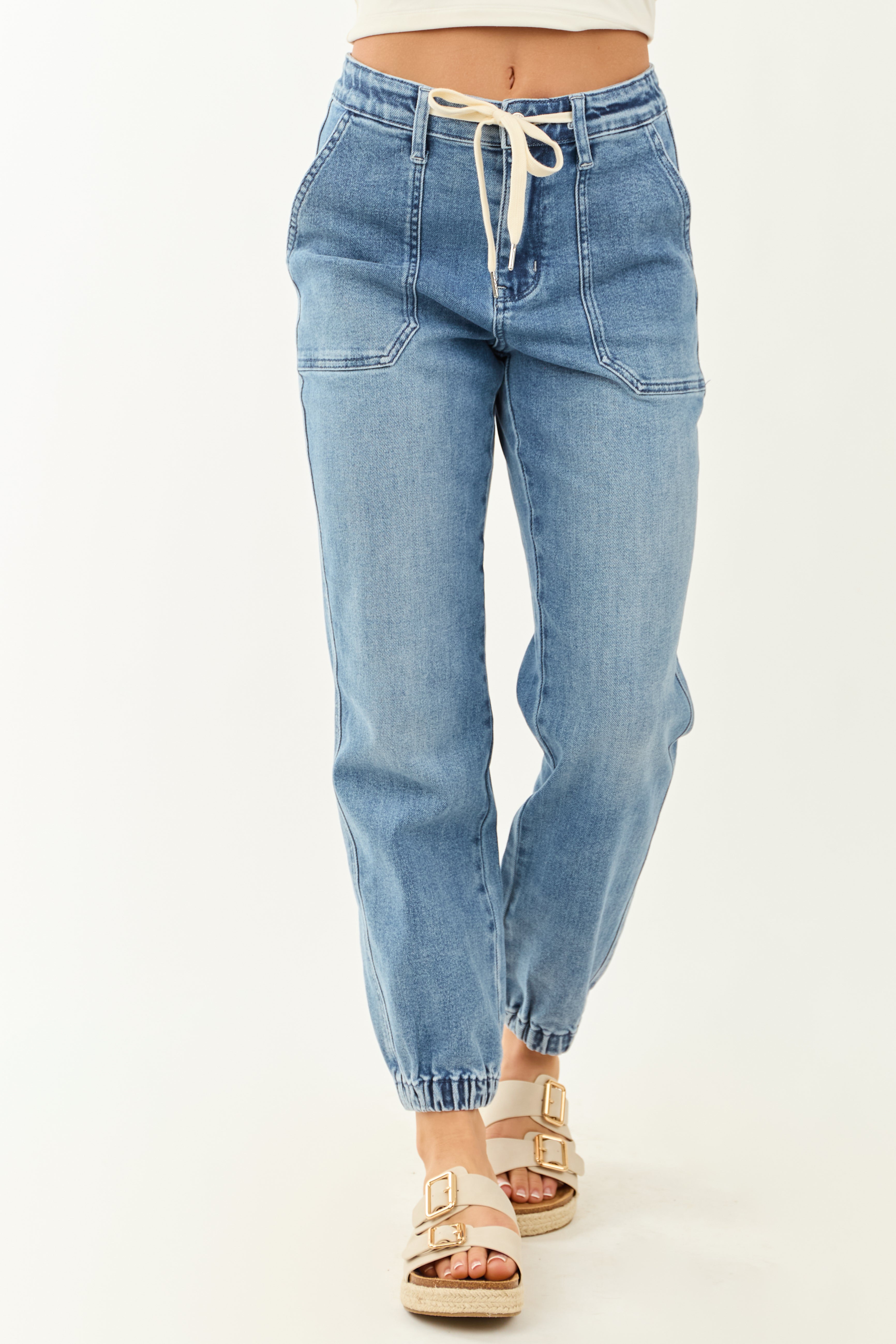 Women's Denim Jeans with Drawstring Waist and Elastic Cuffs