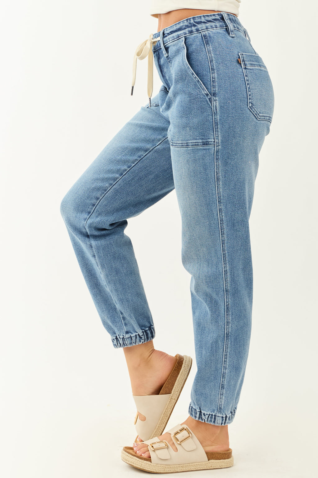 Women's Denim Jeans with Drawstring Waist and Elastic Cuffs