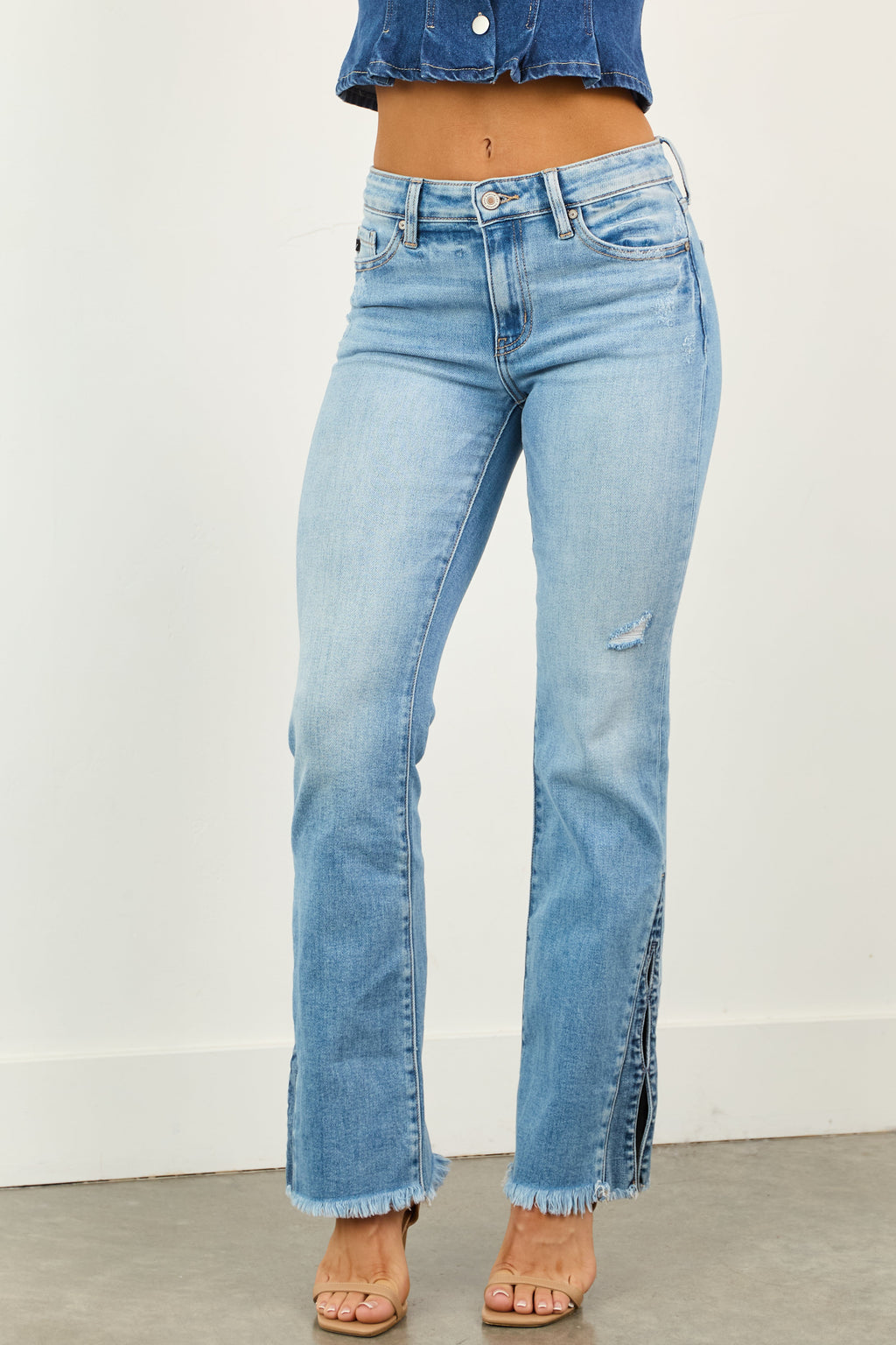 Women's Denim Jeans with Flared Legs and Split Hem