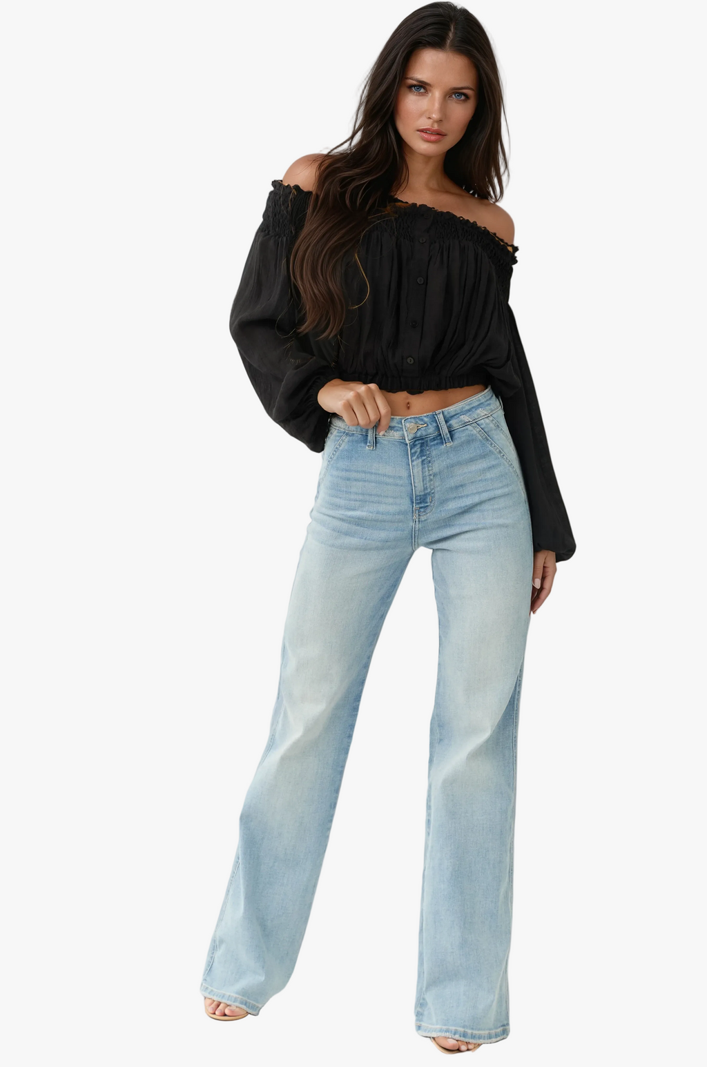 Women's Denim Jeans with High-Rise Waist and Flared Legs