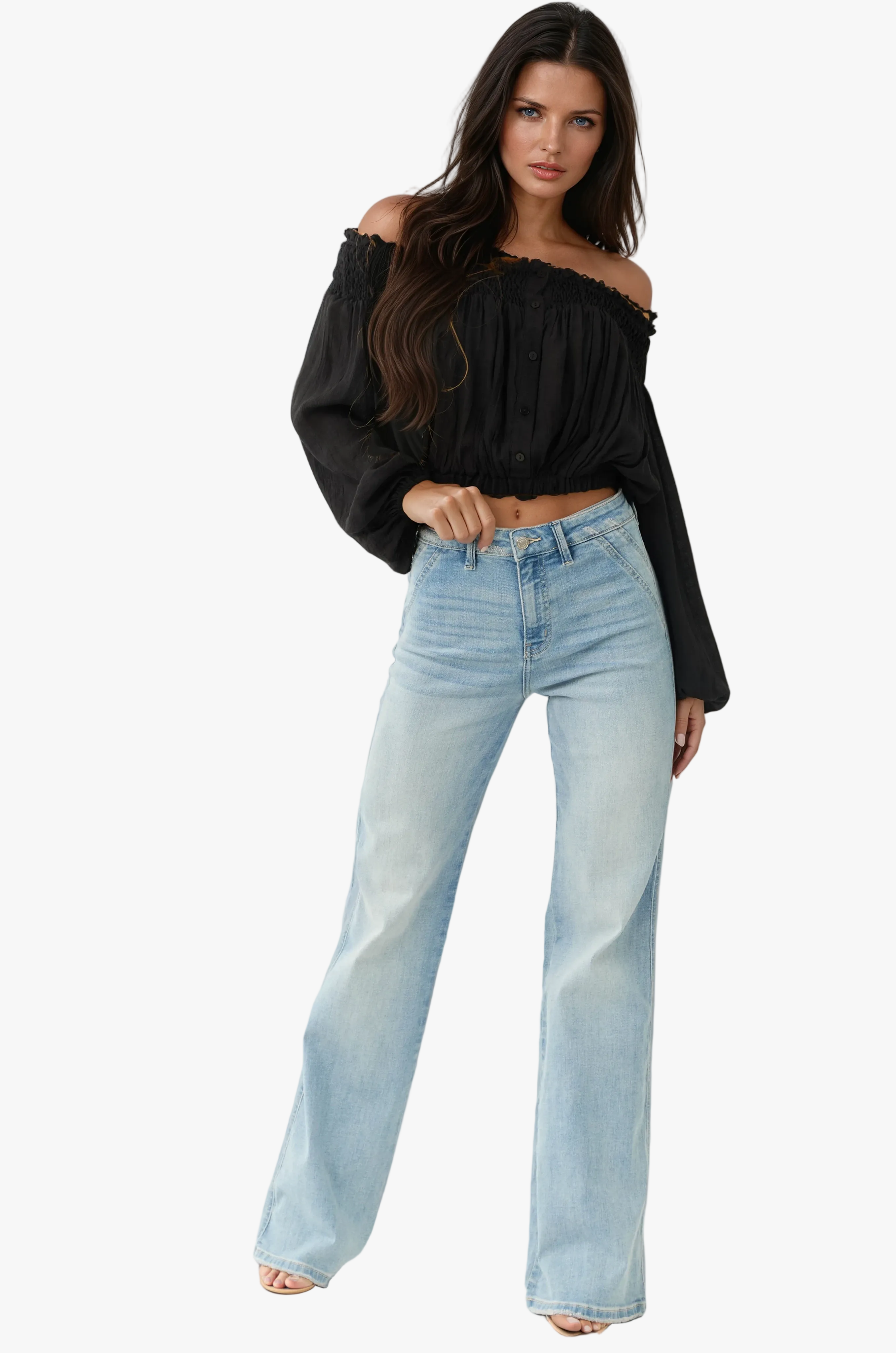 Women's Denim Jeans with High-Rise Waist and Flared Legs