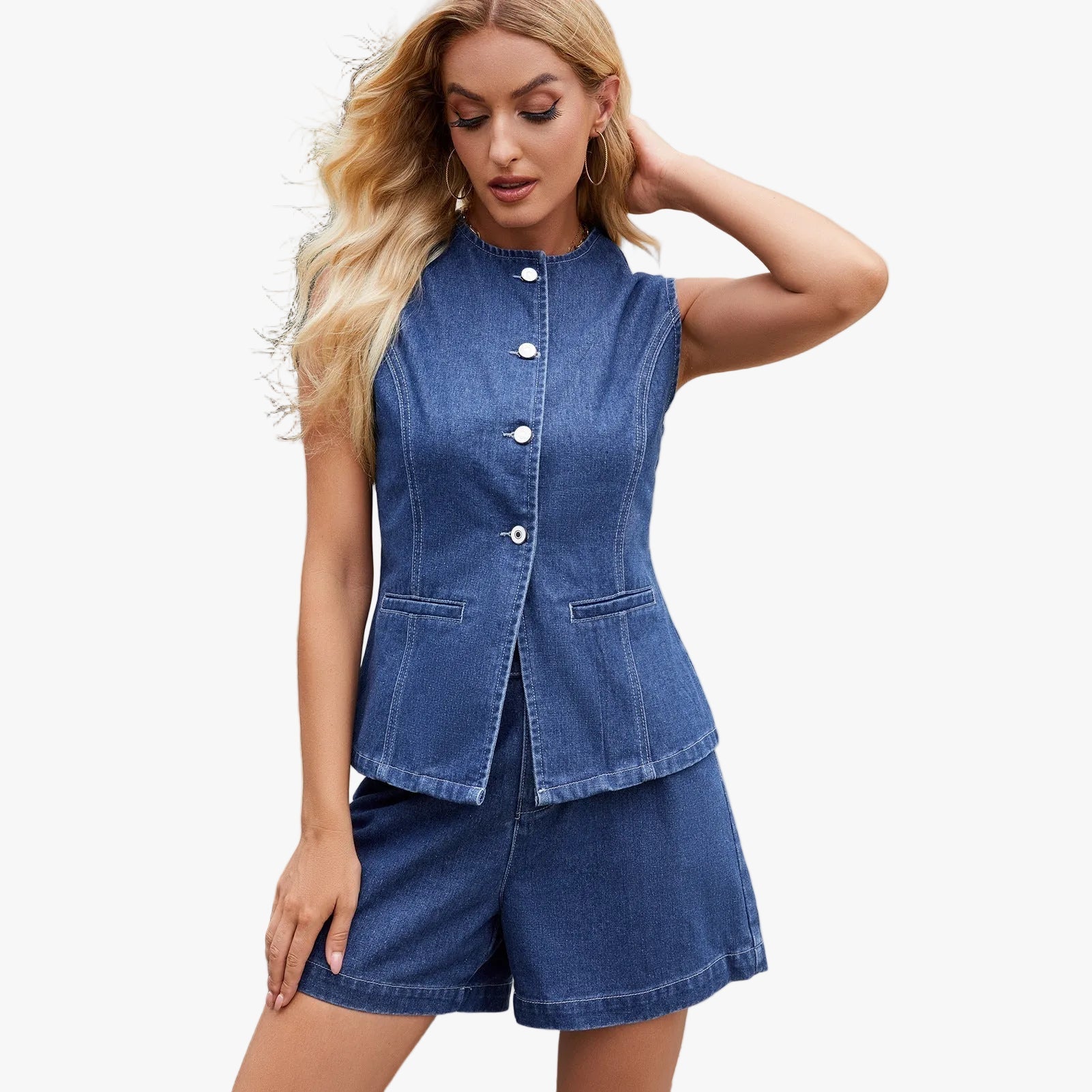 Women's Denim Short Set with Button-Front Top and Wide-Leg Shorts