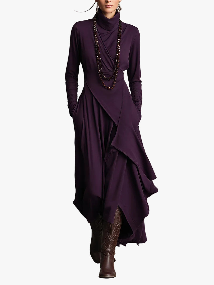 Women's Draped Knit Maxi Dress with Roll Neck and Wrap Overlay