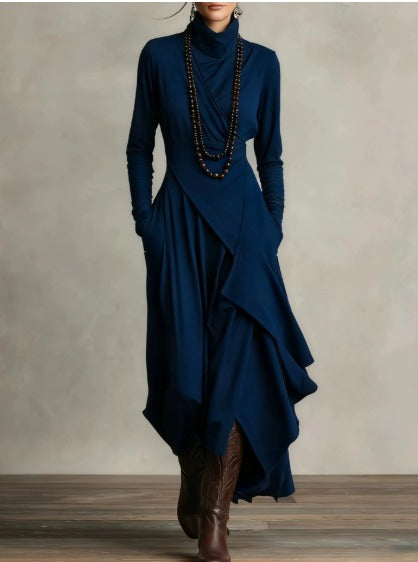 Women's Draped Knit Maxi Dress with Roll Neck and Wrap Overlay