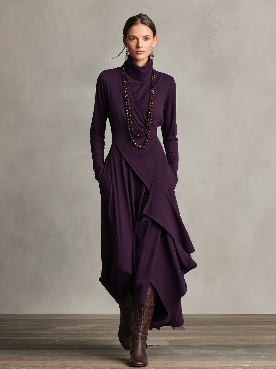 Women's Draped Knit Maxi Dress with Roll Neck and Wrap Overlay