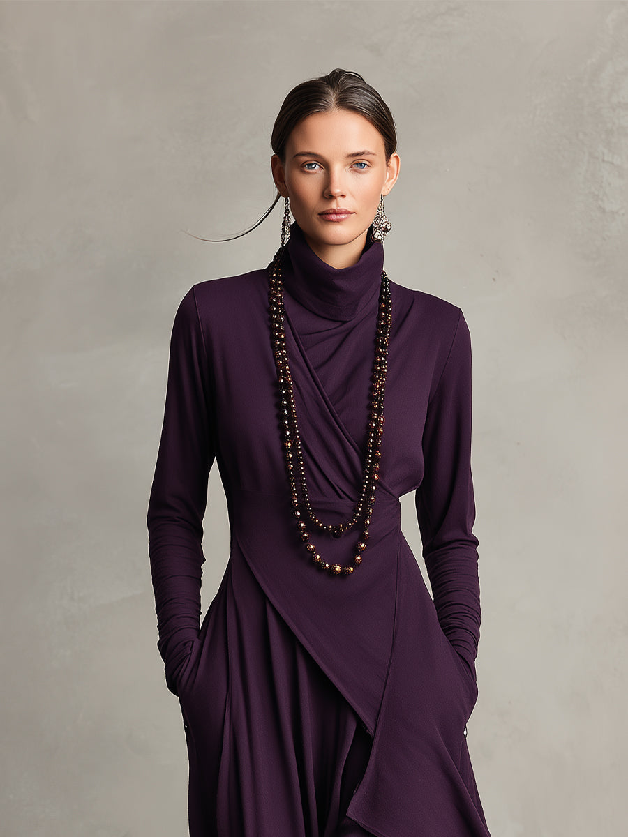 Women's Draped Knit Maxi Dress with Roll Neck and Wrap Overlay