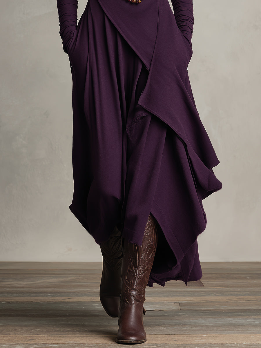 Women's Draped Knit Maxi Dress with Roll Neck and Wrap Overlay