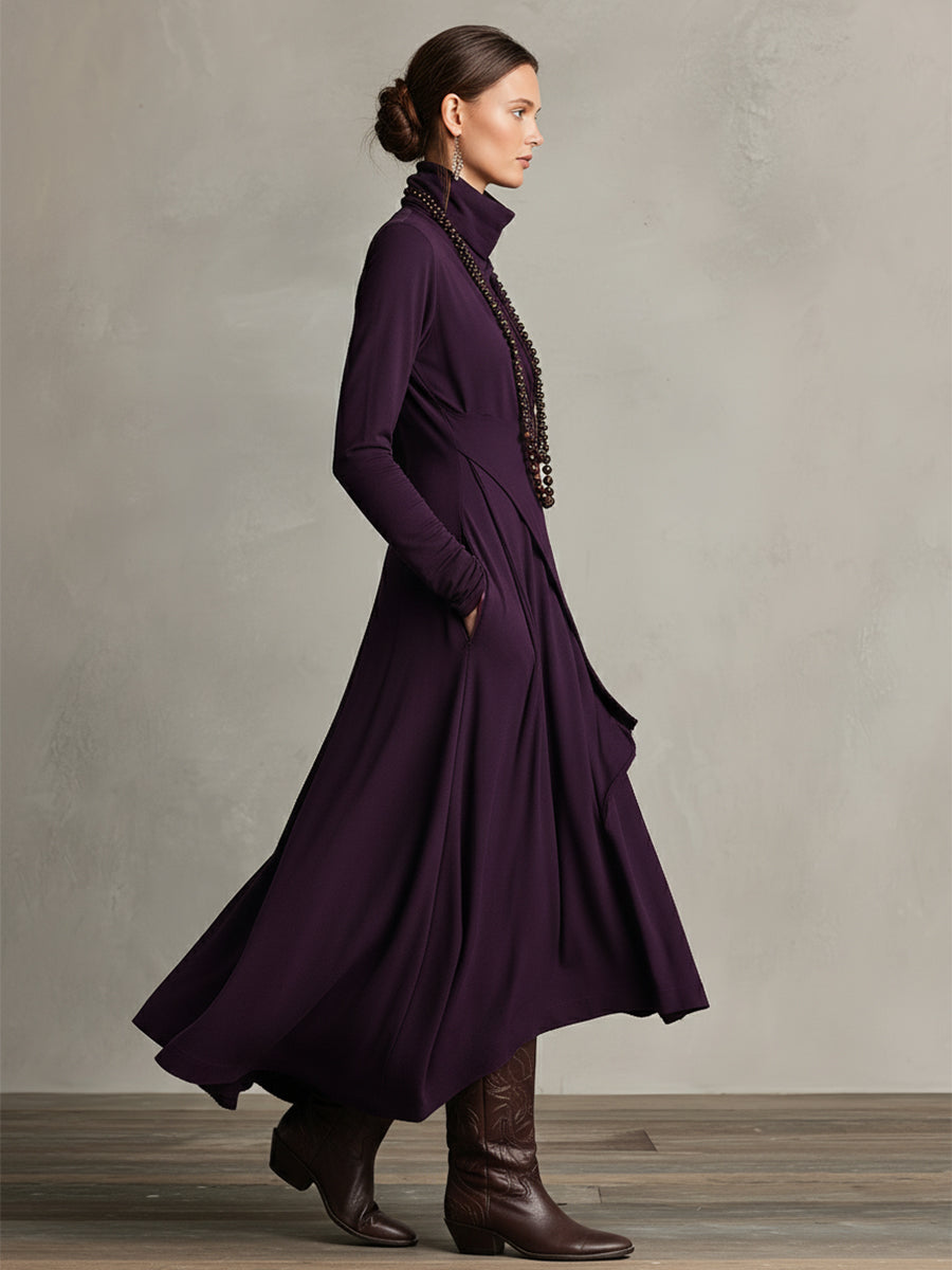 Women's Draped Knit Maxi Dress with Roll Neck and Wrap Overlay