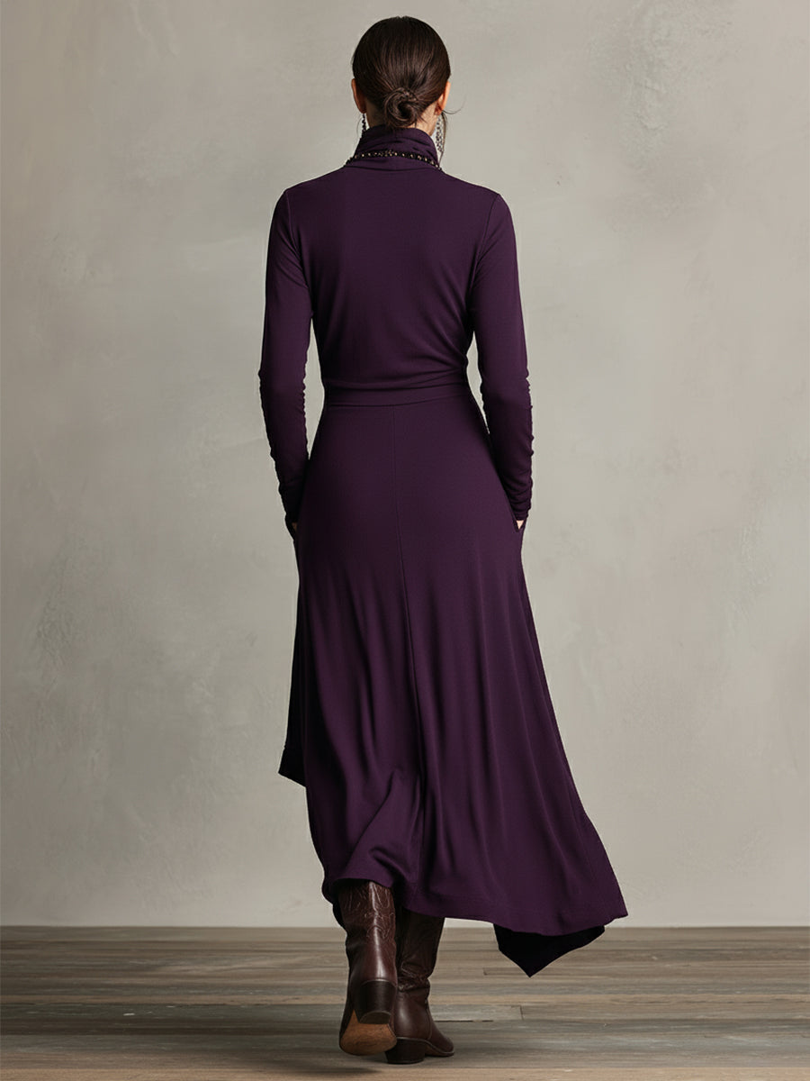 Women's Draped Knit Maxi Dress with Roll Neck and Wrap Overlay