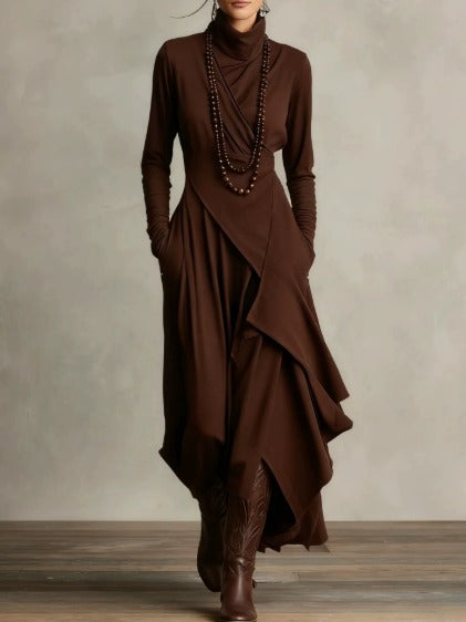 Women's Draped Knit Maxi Dress with Roll Neck and Wrap Overlay