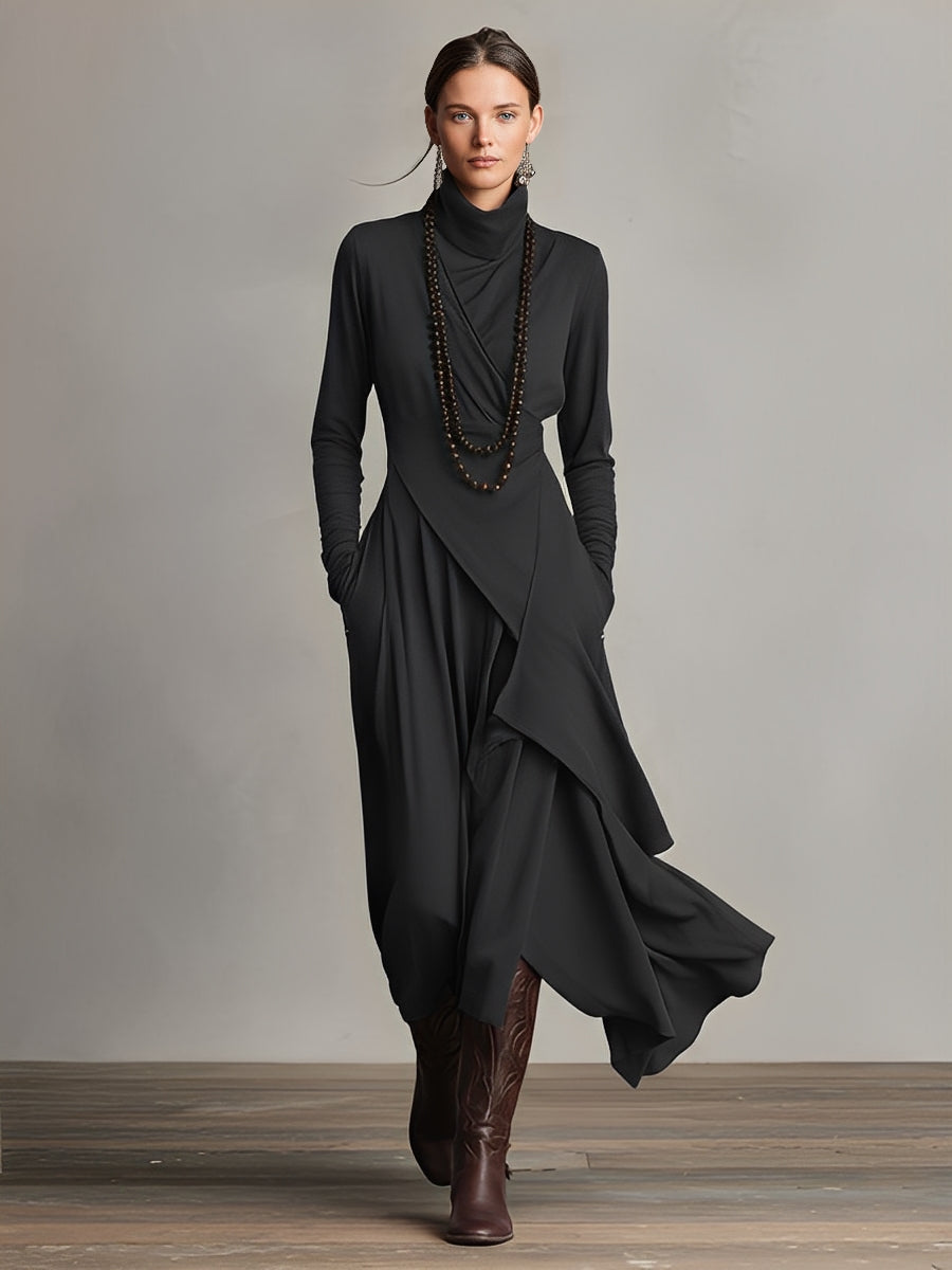 Women's Draped Knit Maxi Dress with Roll Neck and Wrap Overlay