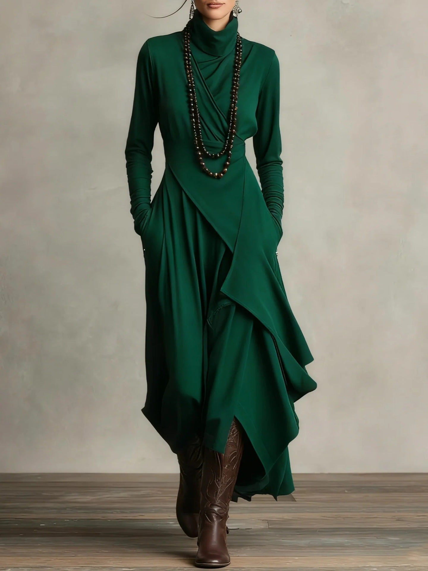 Women's Draped Knit Maxi Dress with Roll Neck and Wrap Overlay