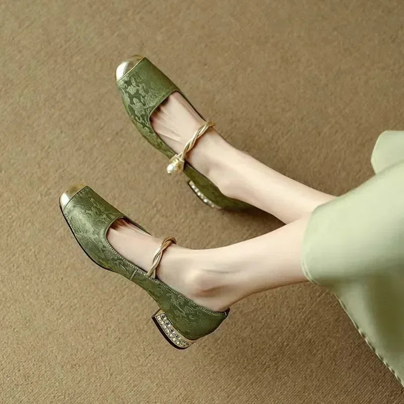 Women's Dress Satin-Style Heels with Square Toe and Twisted Strap