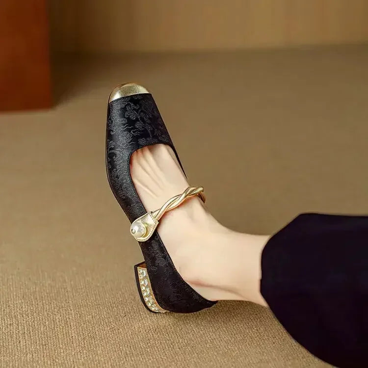 Women's Dress Satin-Style Heels with Square Toe and Twisted Strap