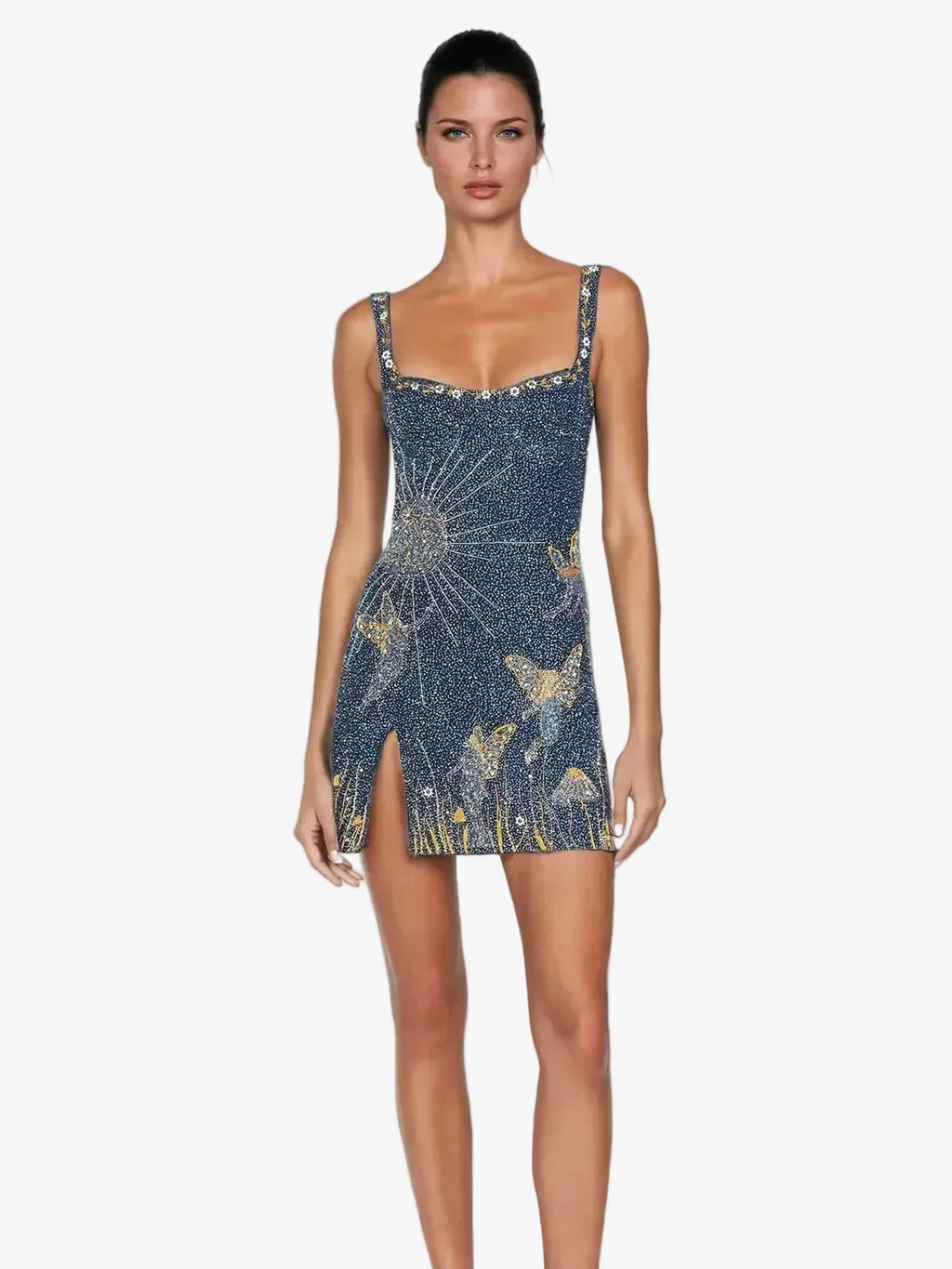 Women's Embellished Mesh Mini Dress with Square Neck and Slit