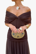 Women's Evening Mesh Maxi Dress with Off-Shoulder Neckline and Ruched Waist