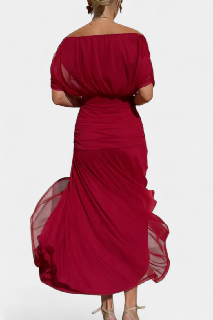 Women's Evening Mesh Maxi Dress with Off-Shoulder Neckline and Ruched Waist