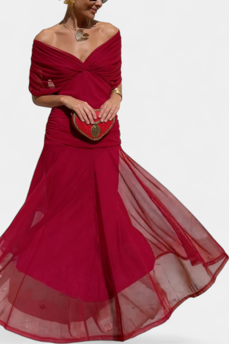 Women's Evening Mesh Maxi Dress with Off-Shoulder Neckline and Ruched Waist