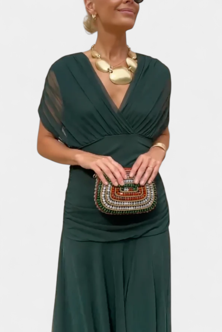 Women's Evening Mesh Maxi Dress with Off-Shoulder Neckline and Ruched Waist