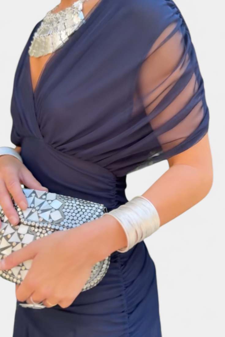 Women's Evening Mesh Maxi Dress with Off-Shoulder Neckline and Ruched Waist