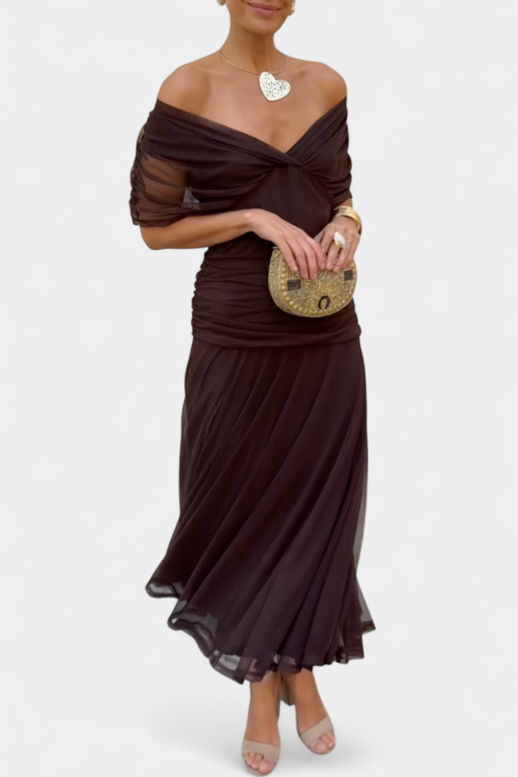 Women's Evening Mesh Maxi Dress with Off-Shoulder Neckline and Ruched Waist