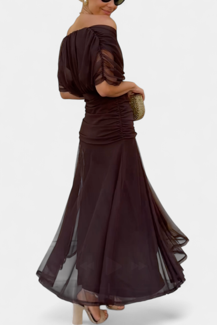 Women's Evening Mesh Maxi Dress with Off-Shoulder Neckline and Ruched Waist