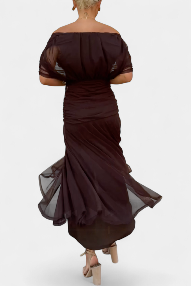 Women's Evening Mesh Maxi Dress with Off-Shoulder Neckline and Ruched Waist
