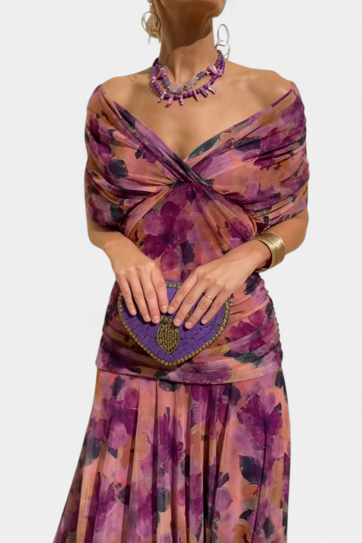 Women's Evening Mesh Maxi Dress with Off-Shoulder Neckline and Ruched Waist