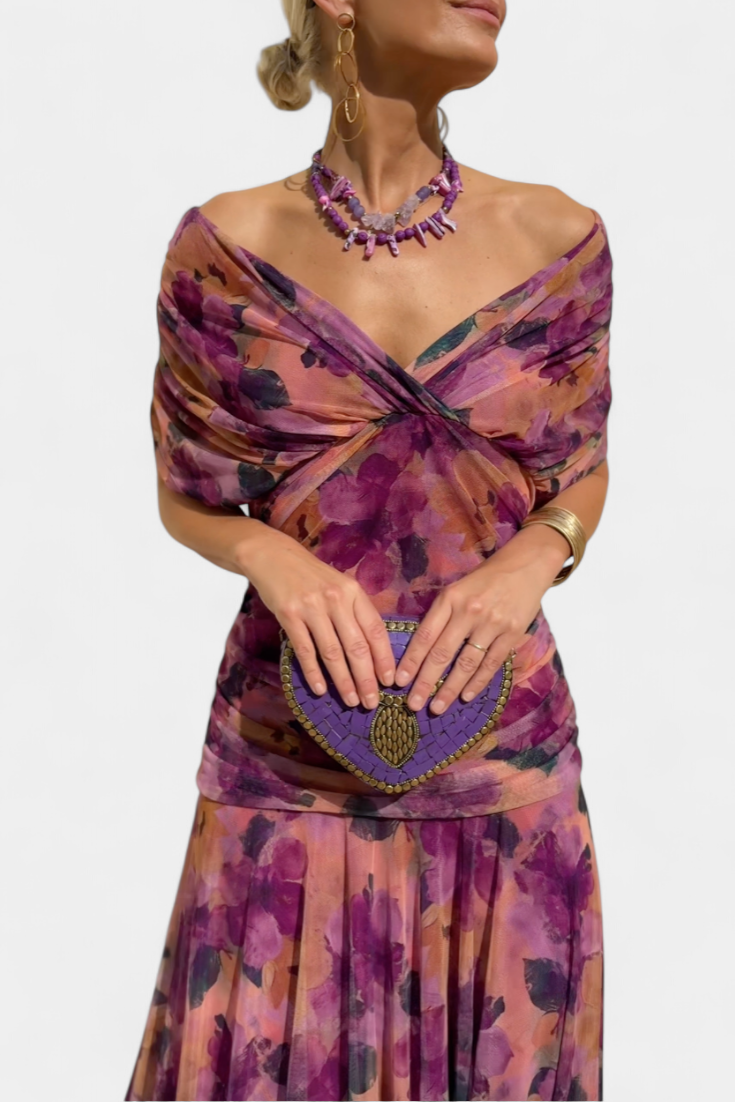 Women's Evening Mesh Maxi Dress with Off-Shoulder Neckline and Ruched Waist