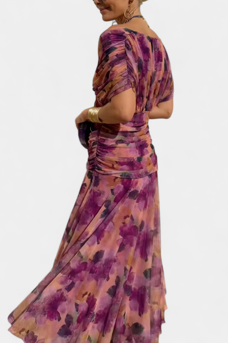 Women's Evening Mesh Maxi Dress with Off-Shoulder Neckline and Ruched Waist