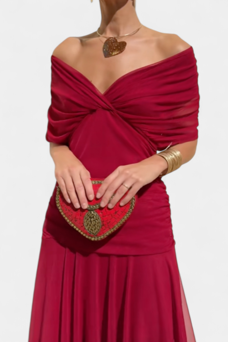 Women's Evening Mesh Maxi Dress with Off-Shoulder Neckline and Ruched Waist