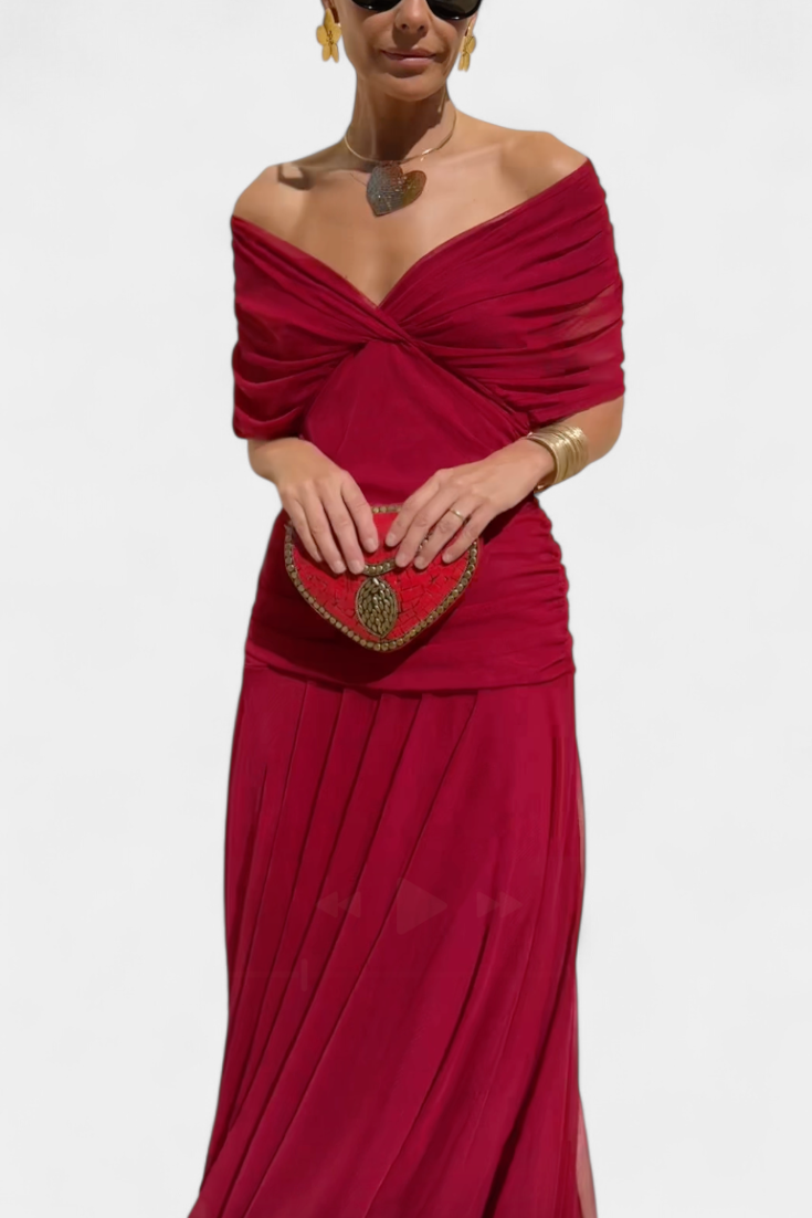 Women's Evening Mesh Maxi Dress with Off-Shoulder Neckline and Ruched Waist