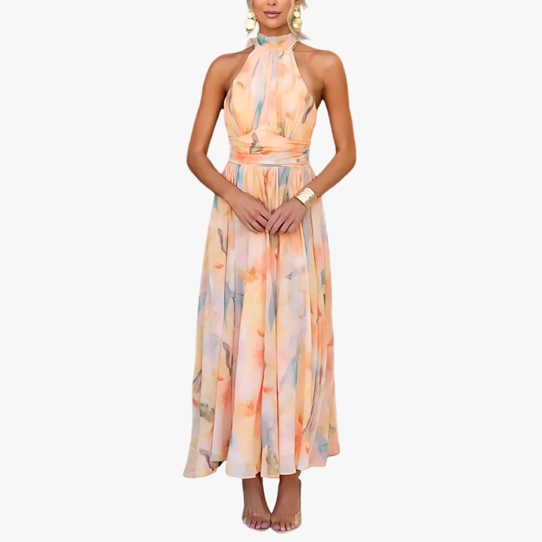 Women's Evening Woven Maxi Dress with Halter Neck and Open Back