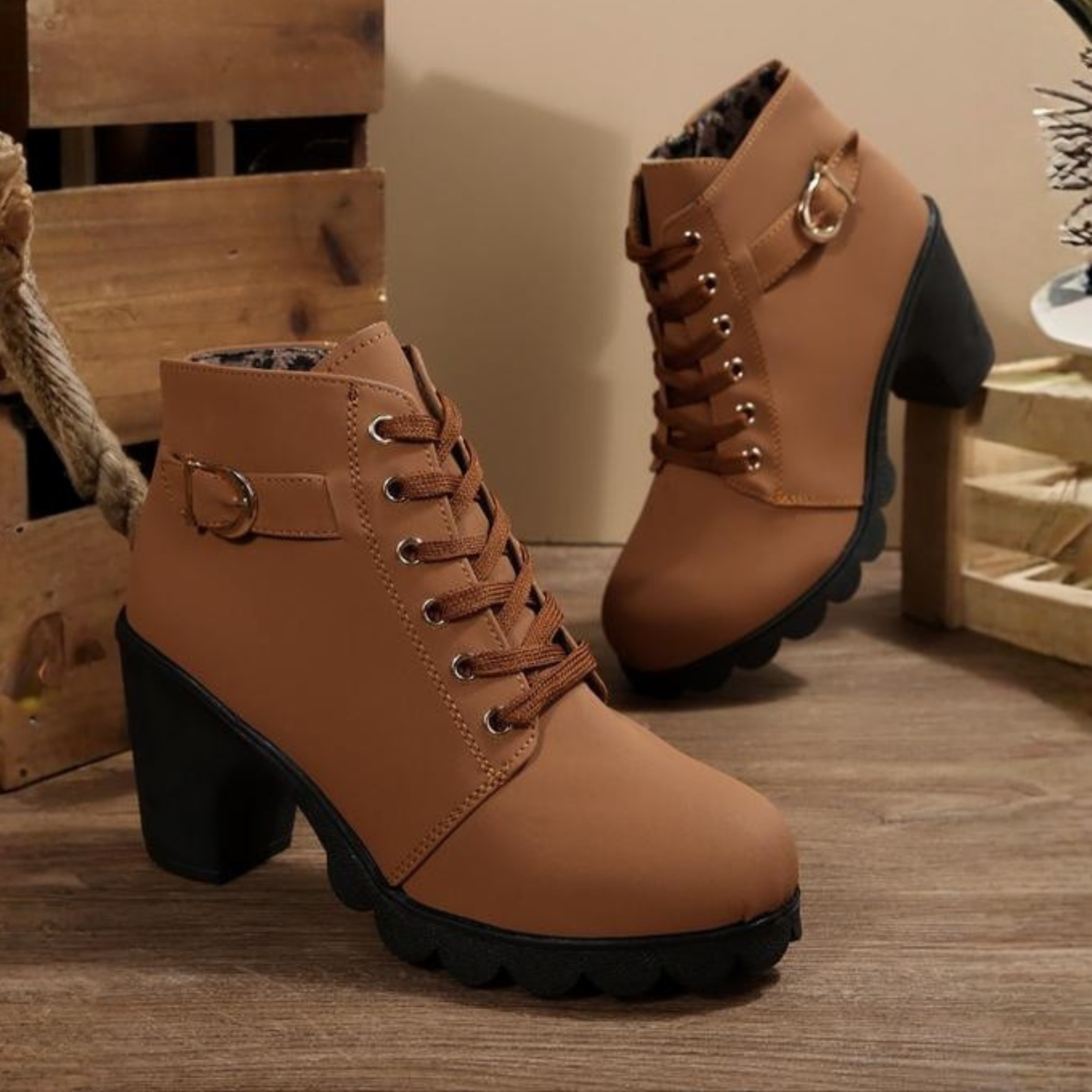 Women's Faux Ankle Boots with Lace-Up and Side Zipper