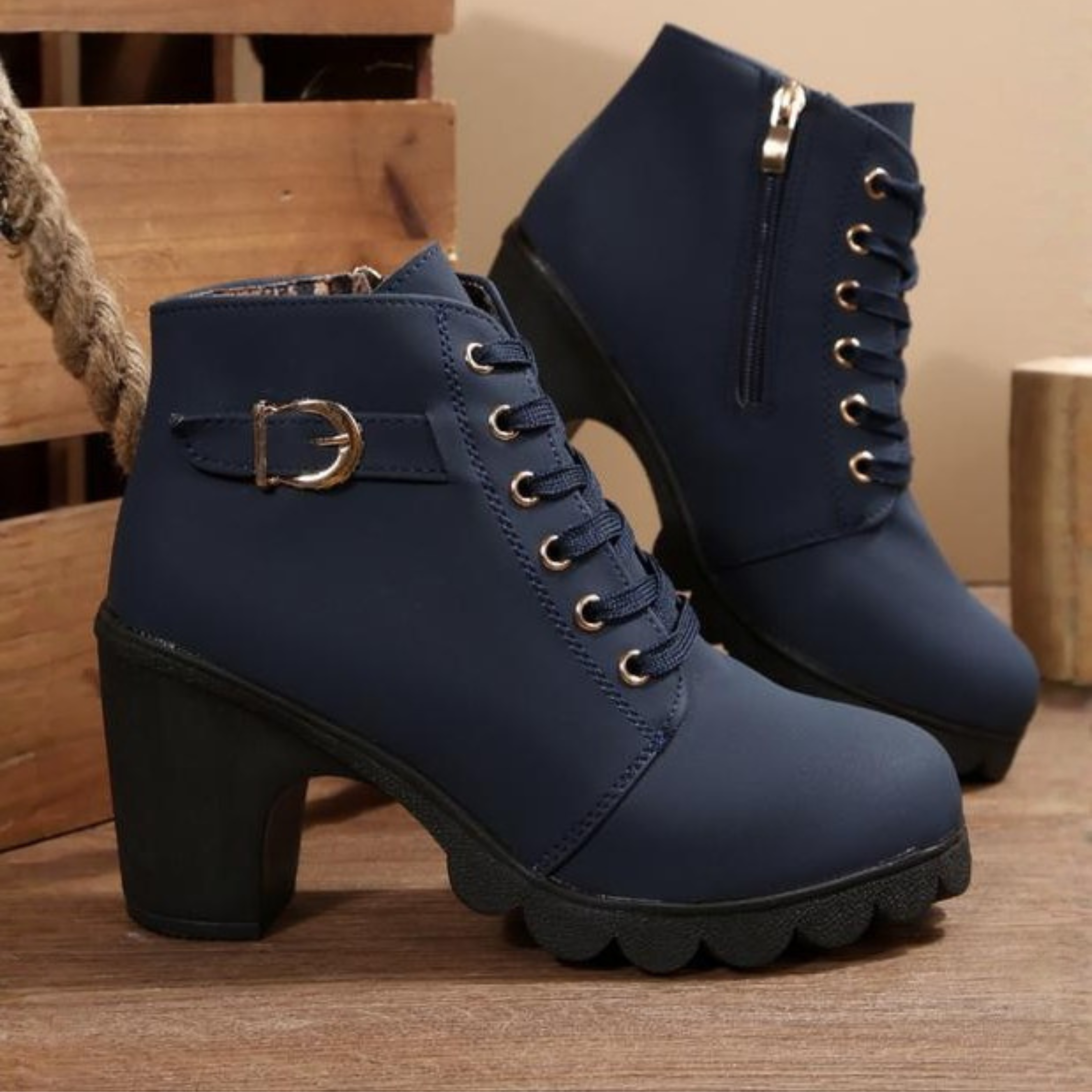 Women's Faux Ankle Boots with Lace-Up and Side Zipper