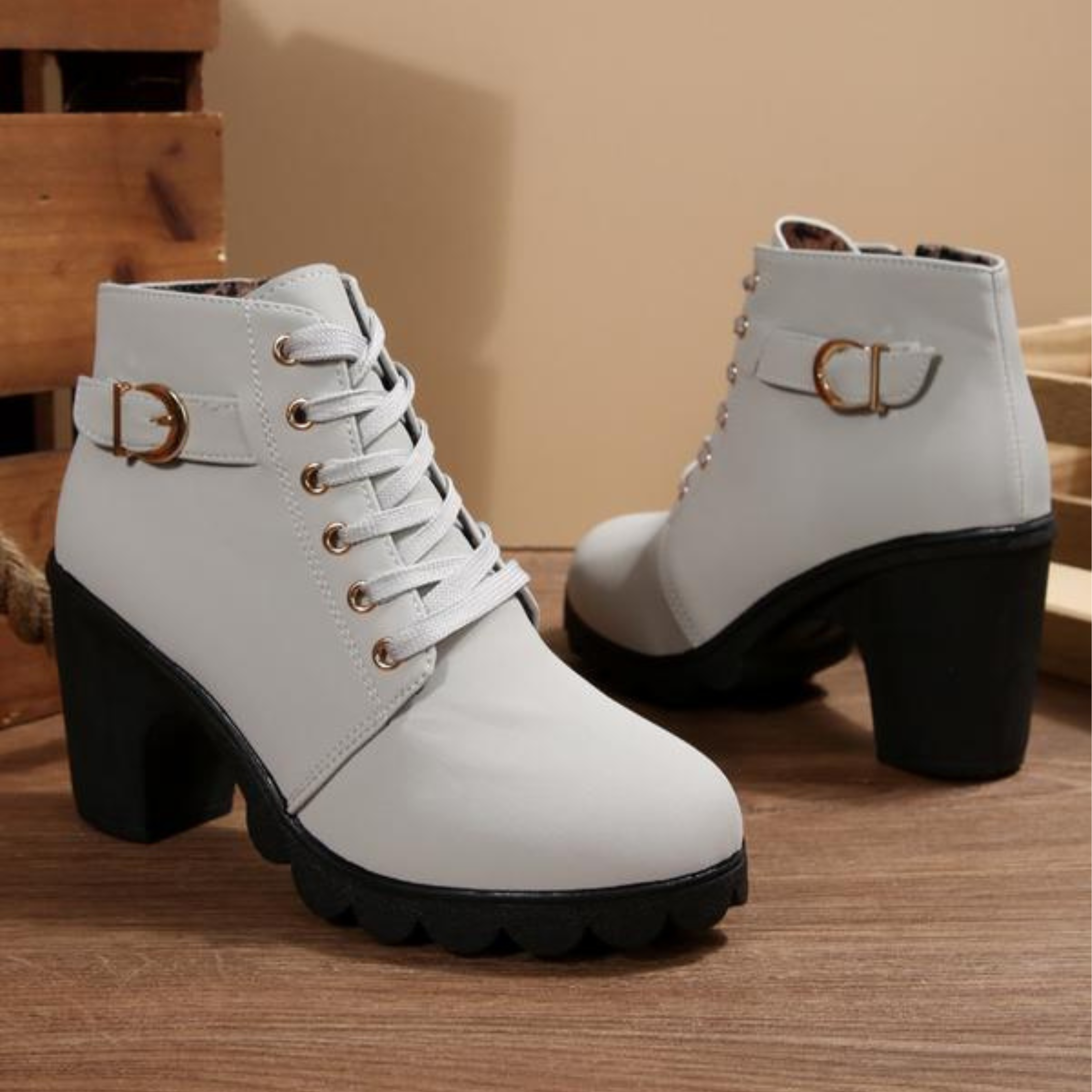 Women's Faux Ankle Boots with Lace-Up and Side Zipper