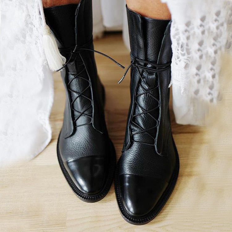 Women's Faux Ankle Boots with Lace-Up Front and Cap Toe