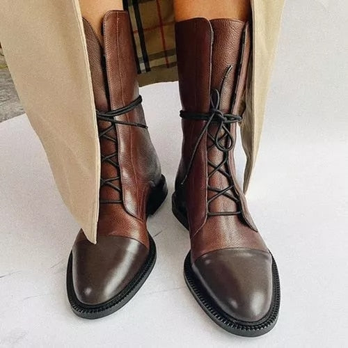 Women's Faux Ankle Boots with Lace-Up Front and Cap Toe