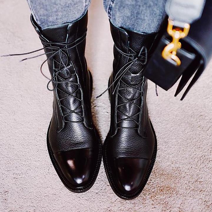 Women's Faux Ankle Boots with Lace-Up Front and Cap Toe