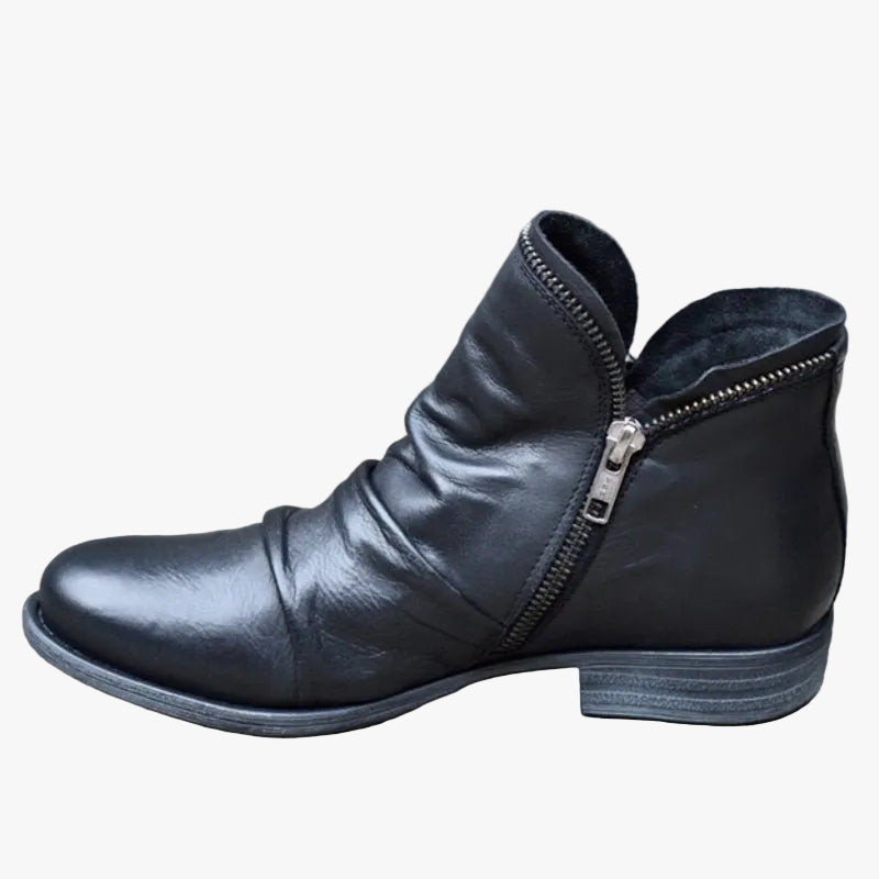 Women's Faux Ankle Boots with Side Zipper and Ruched Vamp